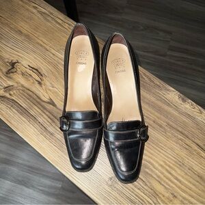 Circa Joan & David Black Leather Block Heel Loafers Insole 11" Fits Size 10 11